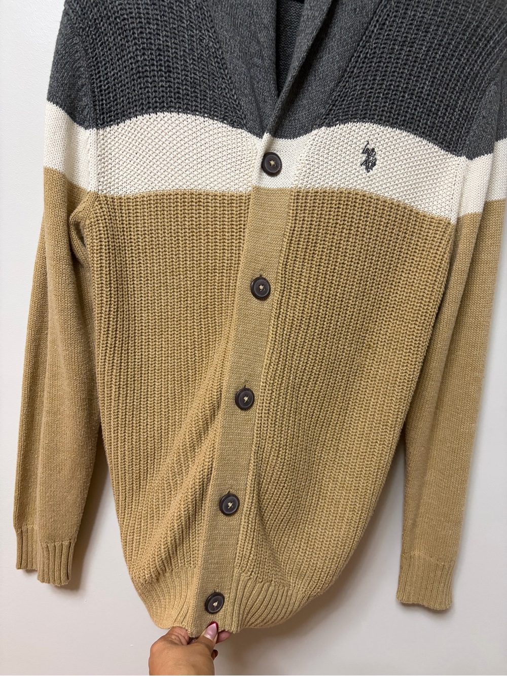 U.S. Polo Assn. Men's Colorblock Shawl Collar Cardigan Sweater Khaki Gray Small - Picture 10 of 13